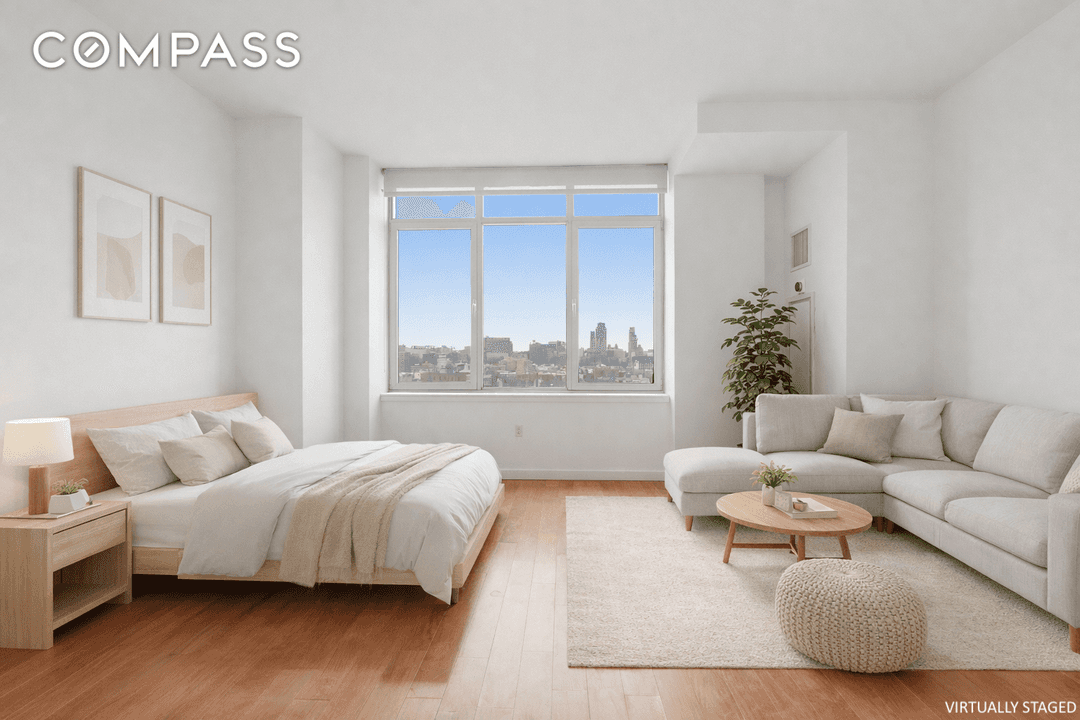 Extra large high floor studio with open unobstructed views, washer and dryer in unit, full size kitchen with space for a table, renovated bathroom, and great closet space throughout.