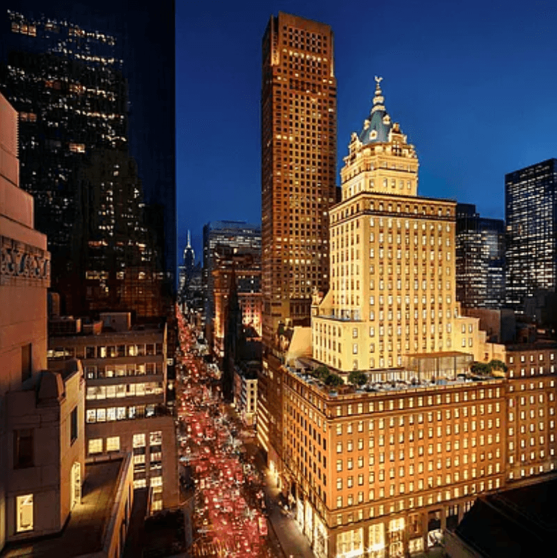 The copper clad pyramid roof atop the Crown Building has graced the corner of Fifth Avenue and 57th Street since 1921.