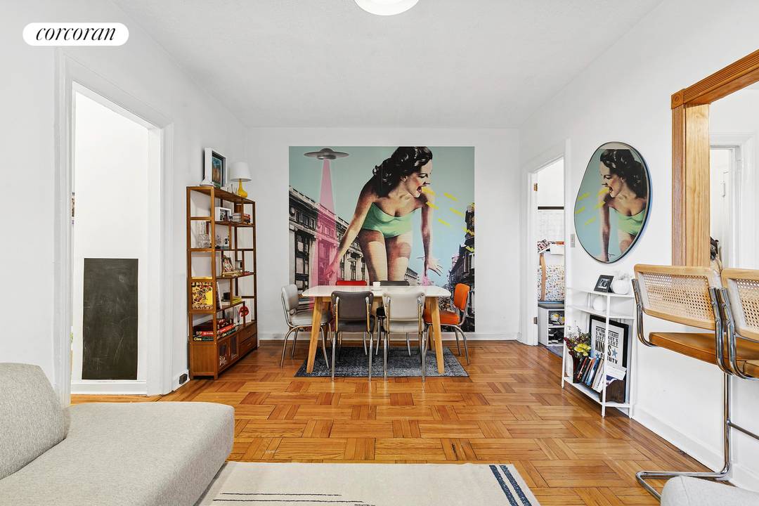 Bright southern exposure defines this peaceful second floor co op apartment, which overlooks a lush New York green space at the rear of the building.