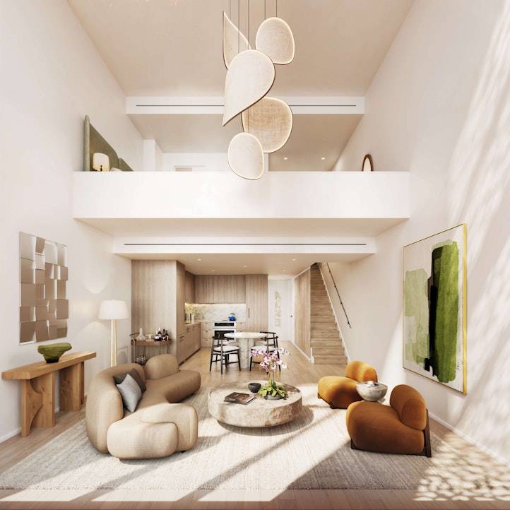 Residence 1D is an impressive 1, 105 square foot one bedroom duplex loft with eighteen foot ceilings and expansive double height windows flooding the space with natural light.