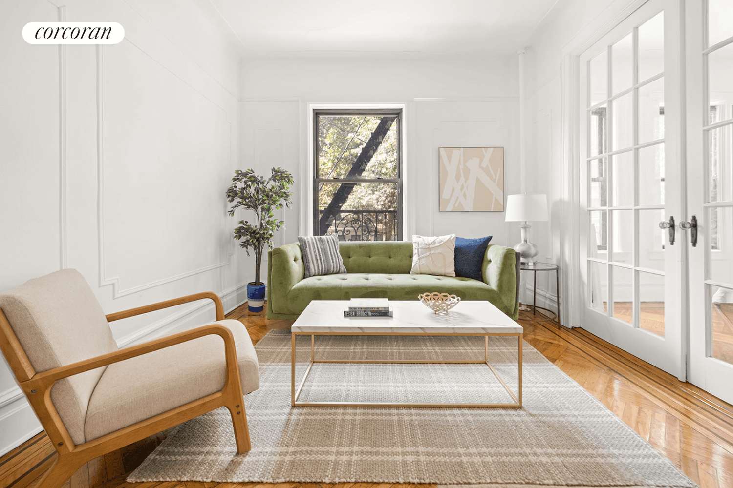 Bright and quiet, this renovated two bedroom coop is only one flight up and one block from Prospect Park and from the F G train.