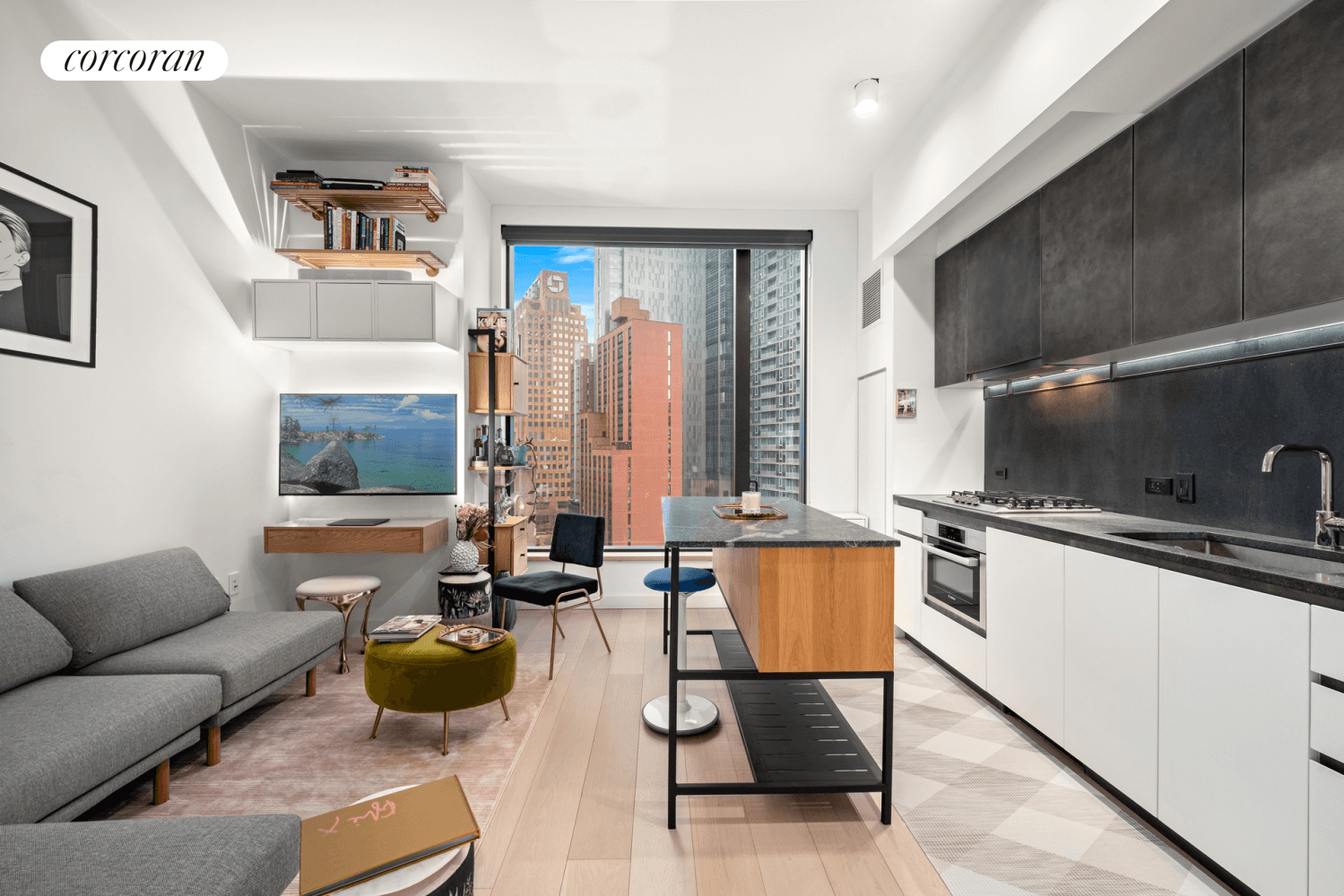 This alcove studio on the 12th floor of 11 Hoyt features lofty 10' ceilings and northern views over the Brooklyn cityscape.