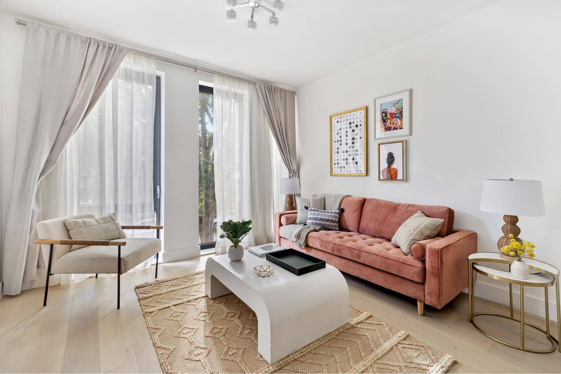 Welcome home to your expansive new home with this 1, 335 southern facing three bedroom, two bath, light filled home with open living space with 7.