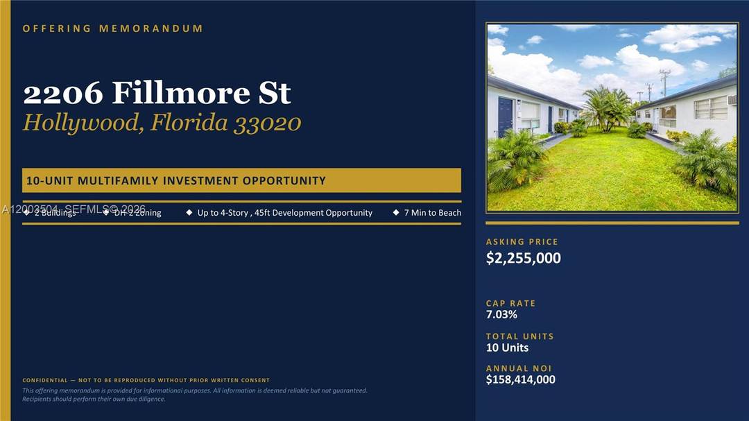 Rarely available 10 unit multifamily property in the heart of Hollywood, Florida fully occupied, cash flowing from day one, and priced extremely competitively.