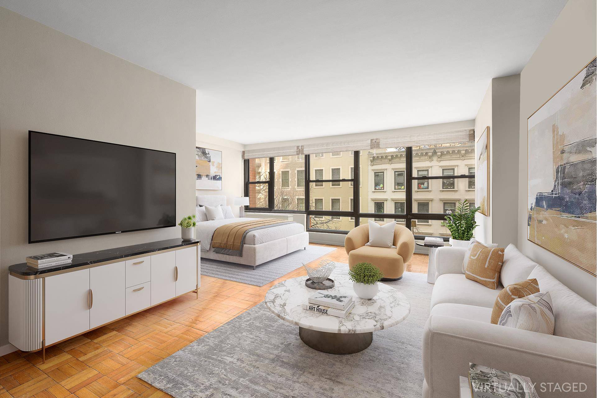 Overlooking a row of stone clad townhouses, this sun filled studio is the perfect place to call home.