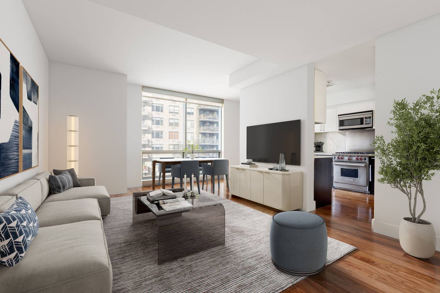 10C is a sun drenched 1, 300 SF 2 bedroom, 2 bathroom home with floor to ceiling windows, wide plank walnut floors, and a flexible dining alcove.
