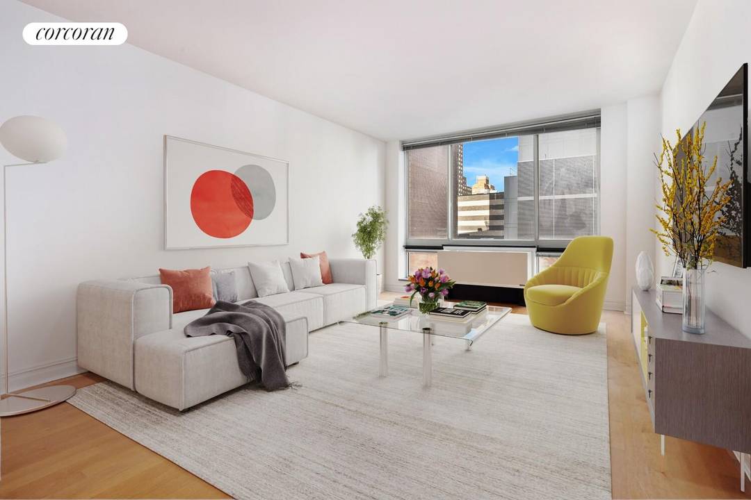 This spacious north facing one bedroom apartment boasts hardwood floors, a modern kitchen with stainless steel appliances and granite countertops, and a luxurious marble bathroom.