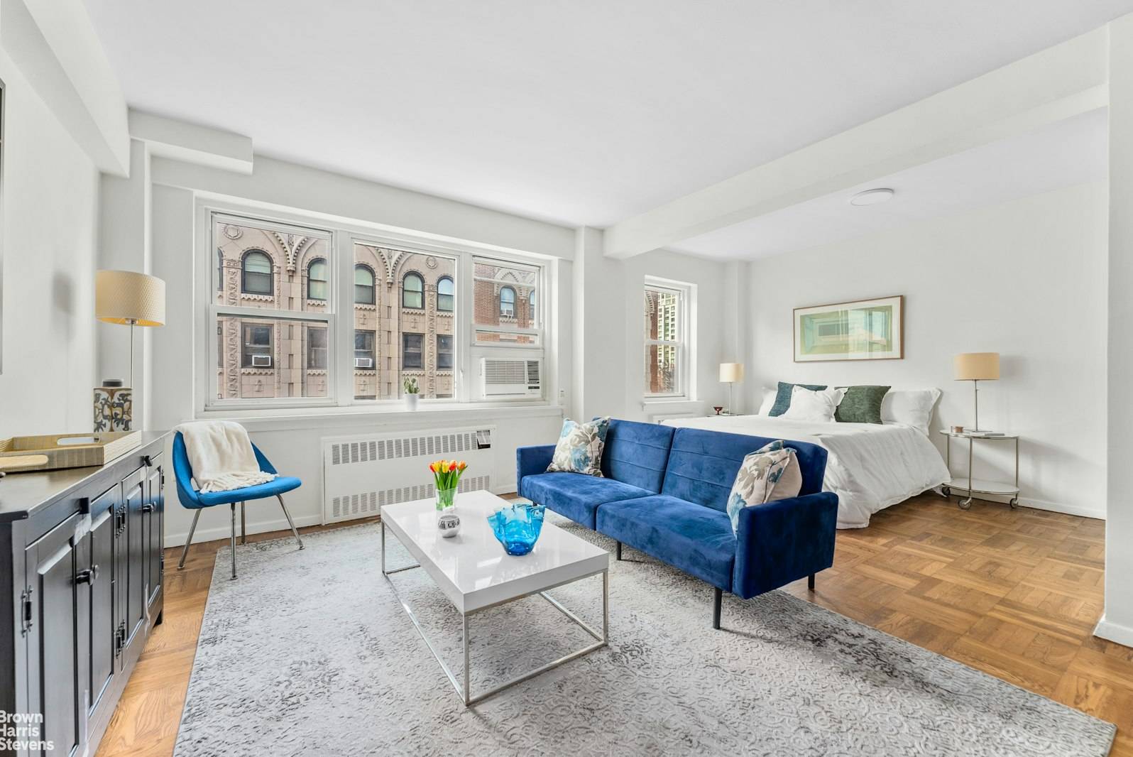 Sunny, Spacious amp ; Quiet Alcove Studio Roomy and peaceful, this high floor Junior one bedroom home faces south over West 73rd Street, looking out onto beautiful pre war homes.