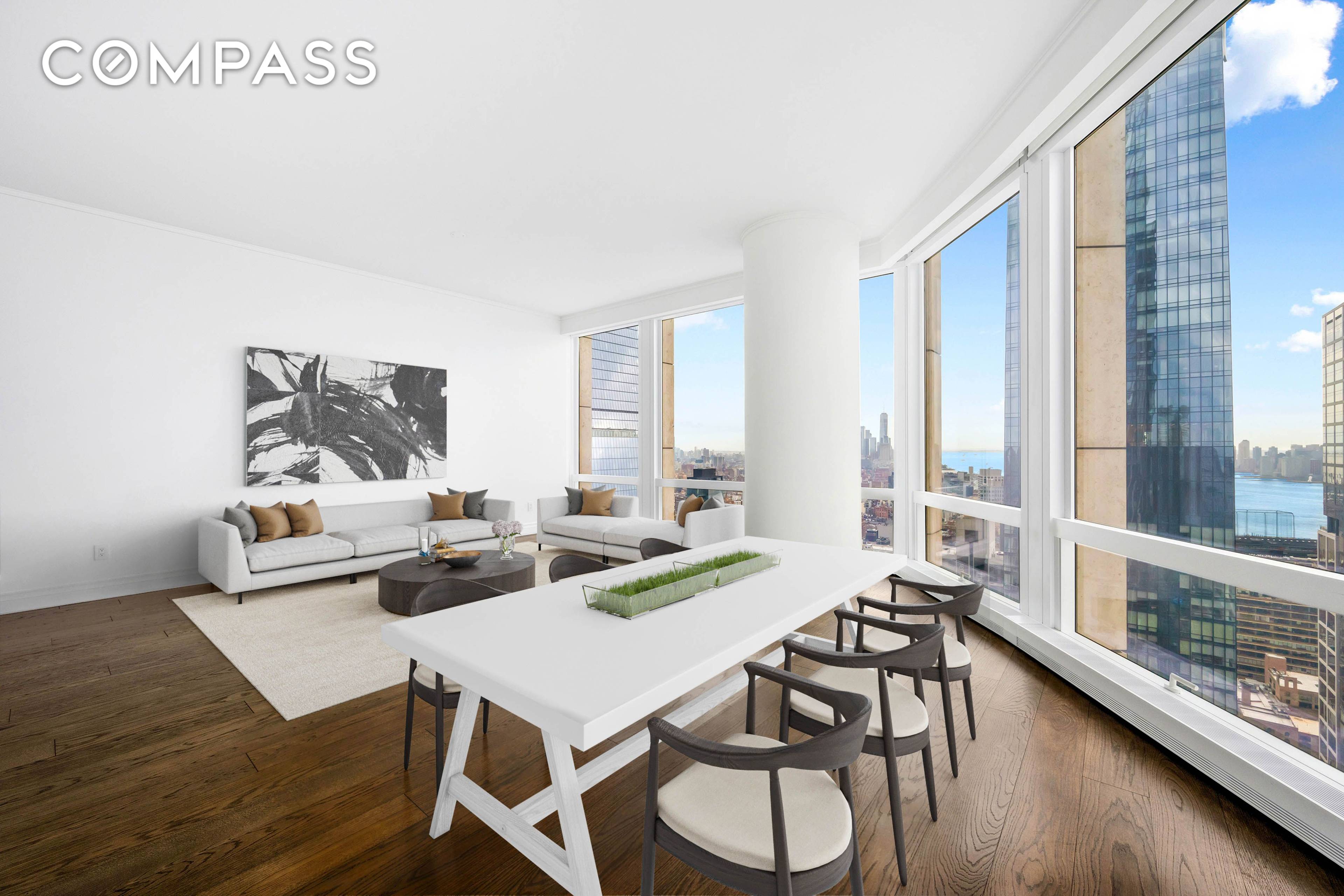 This spectacular 2, 453 SF corner residence at 35 Hudson Yards offers panoramic South and West exposures with breathtaking Hudson River views from every room.
