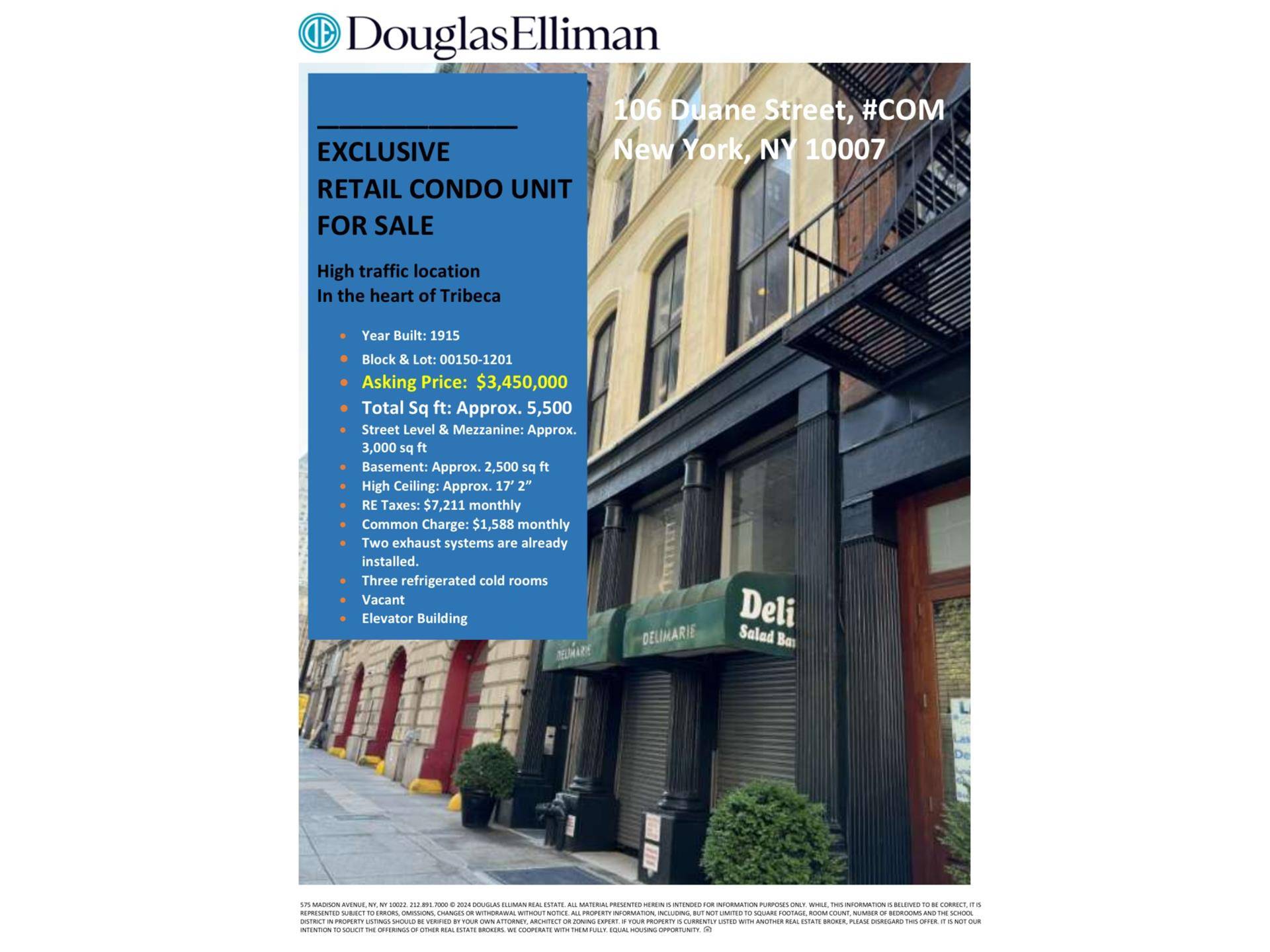 Beautiful Tribeca Two Story Loft Retail Condo Store Located at 106 Duane Street, COM, New York, NY 10007.