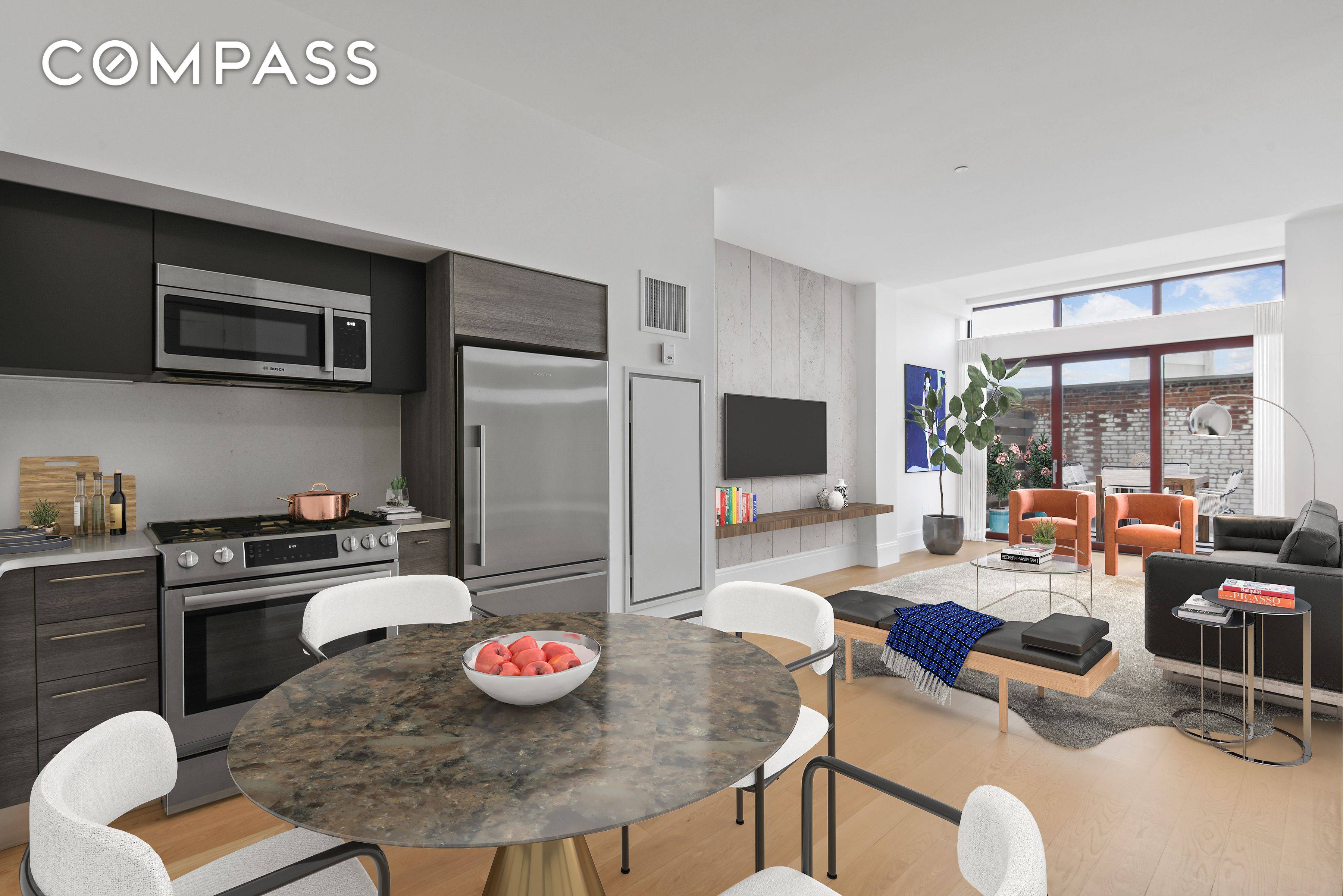 Extend your apartment onto a beautiful terrace featuring wall to wall sliding glass doors !