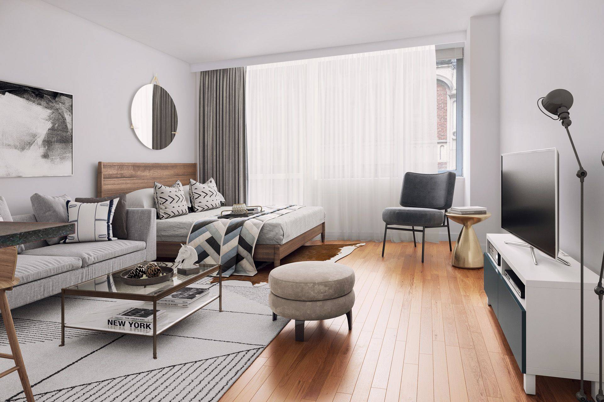 Bright studio apartment featuring a gourmet kitchen with stainless steel appliances, honed concrete tile floors, granite counter tops and an eating bar, floor to ceiling windows and wood floors throughout.