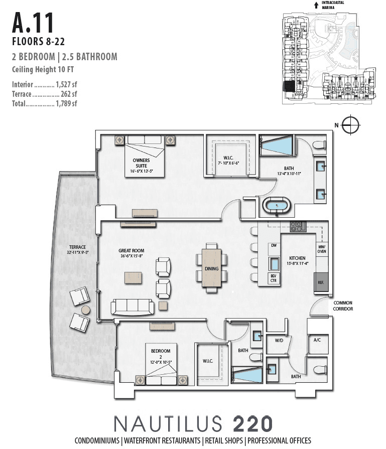 BRAND NEW Two Bedroom 2. 5 Bathroom s luxury condo on 11th floor at Nautilus 220 N220 with Northeast Northwest exposure and incredible water views.