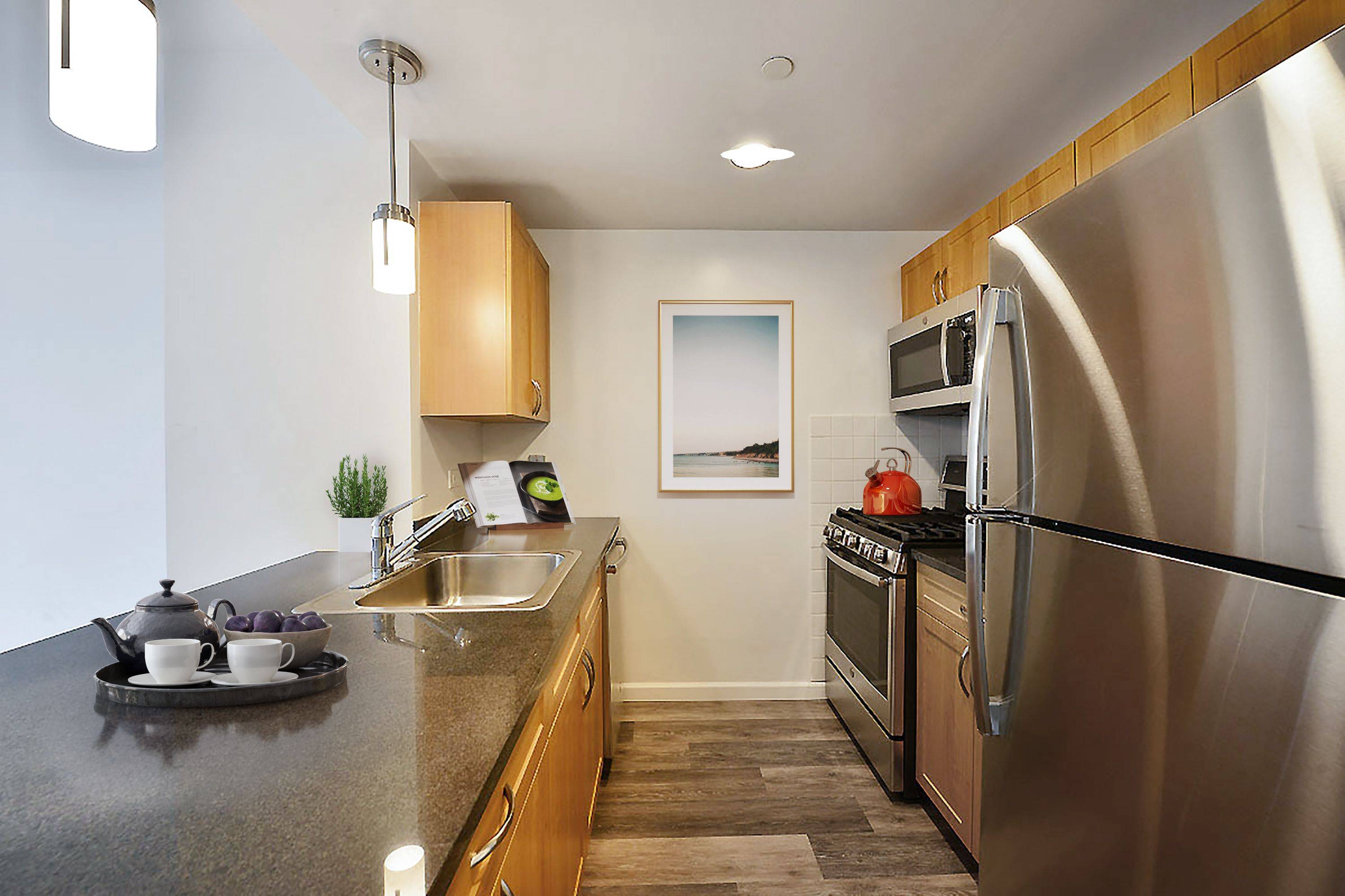 Spacious newly renovated two bedroom featuring split bedrooms, a large open kitchen with new stainless steel appliances, stone counters and an eating bar, an in home washer and dryer, and ...