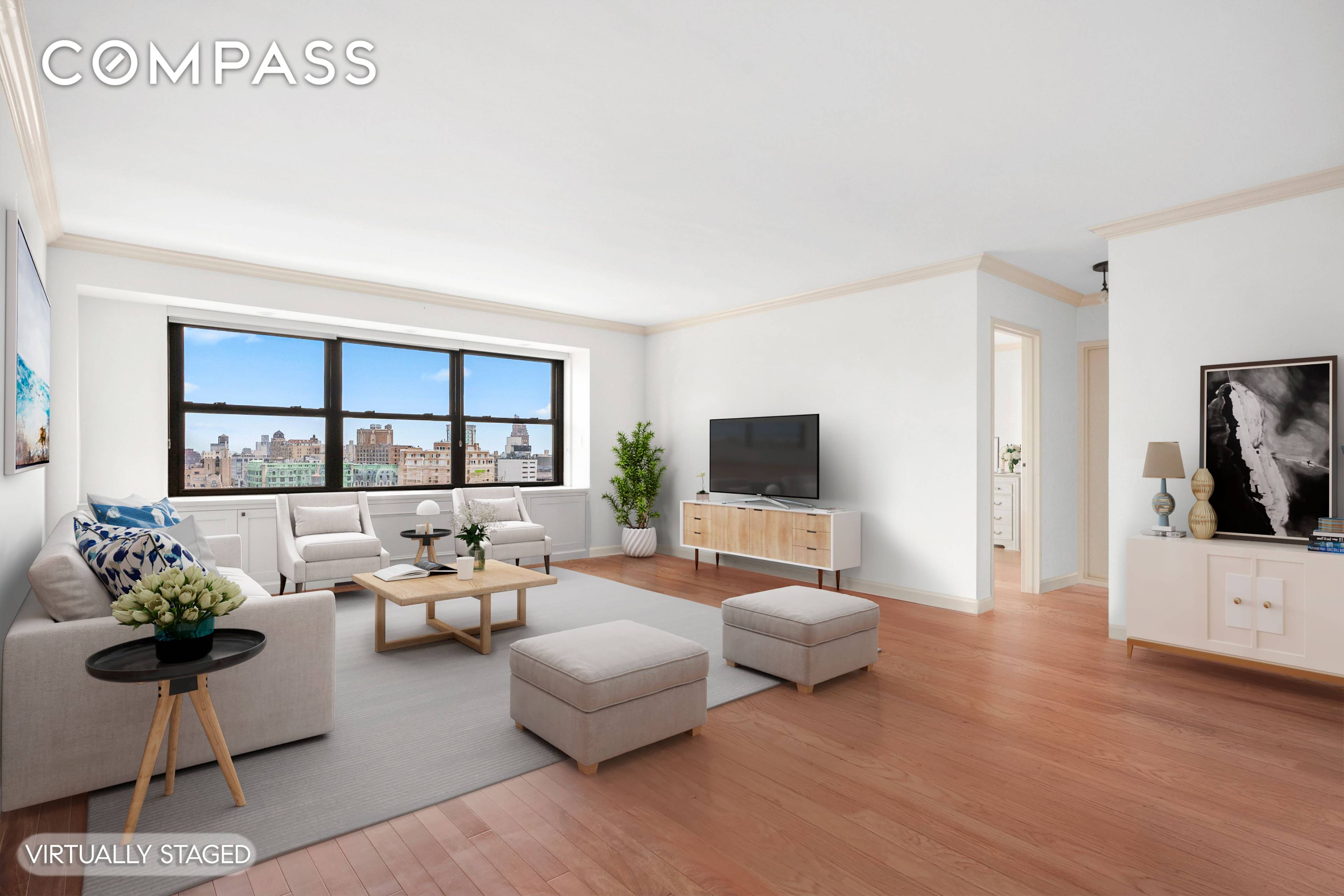 High floor, renovated 1 BR with open views over landmark townhouses to the GW Bridge.