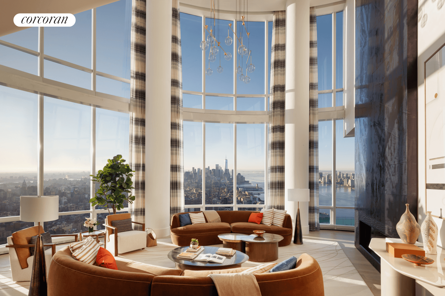 DOUBLE HEIGHT DRAMA WITH SWEEPING VIEWS OF THE NEW YORK CITY SKYLINE FROM EVERY ROOM.