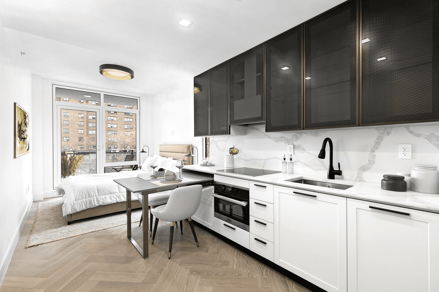 Unit 5C at The 101 Condominium features a distinctive studio layout with two separate rooms and a private balcony, making the residence function much more like a junior 1 bedroom.