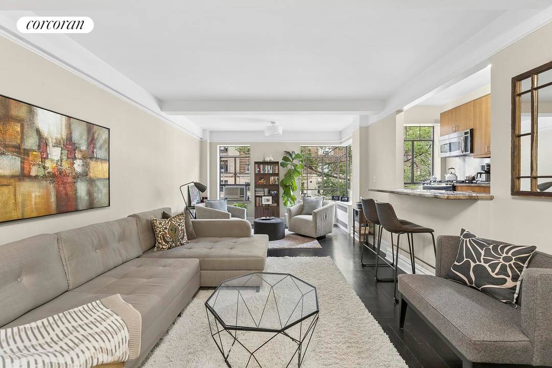 Residence 3G at 565 West End Avenue is a gracious and oversized one bedroom home with lovely tree lined views over West End Avenue and classic prewar charm throughout.