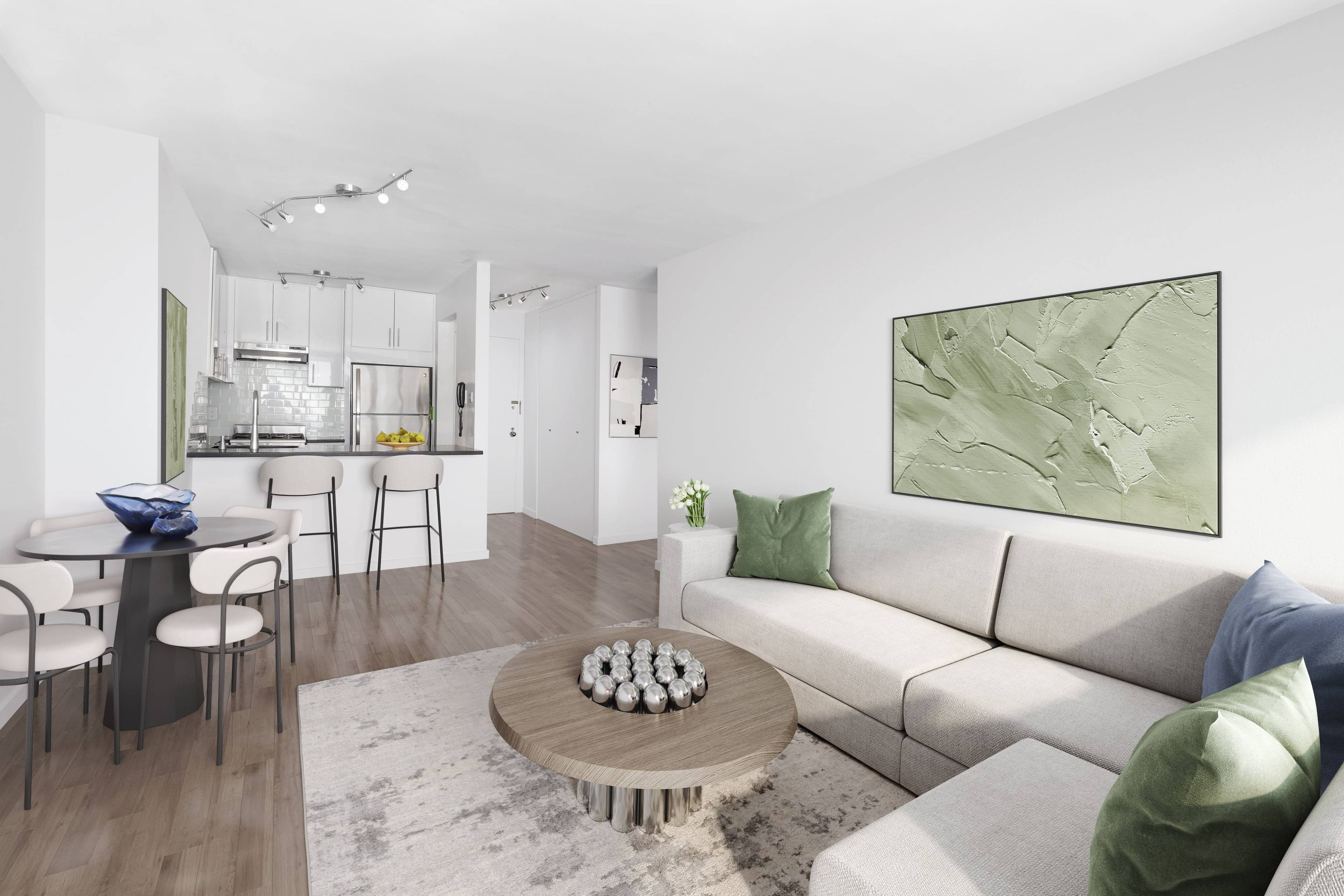 Perched on the 16th floor, this totally renovated one bedroom with private balcony offers open eastern views of the WTC and New York Harbor.