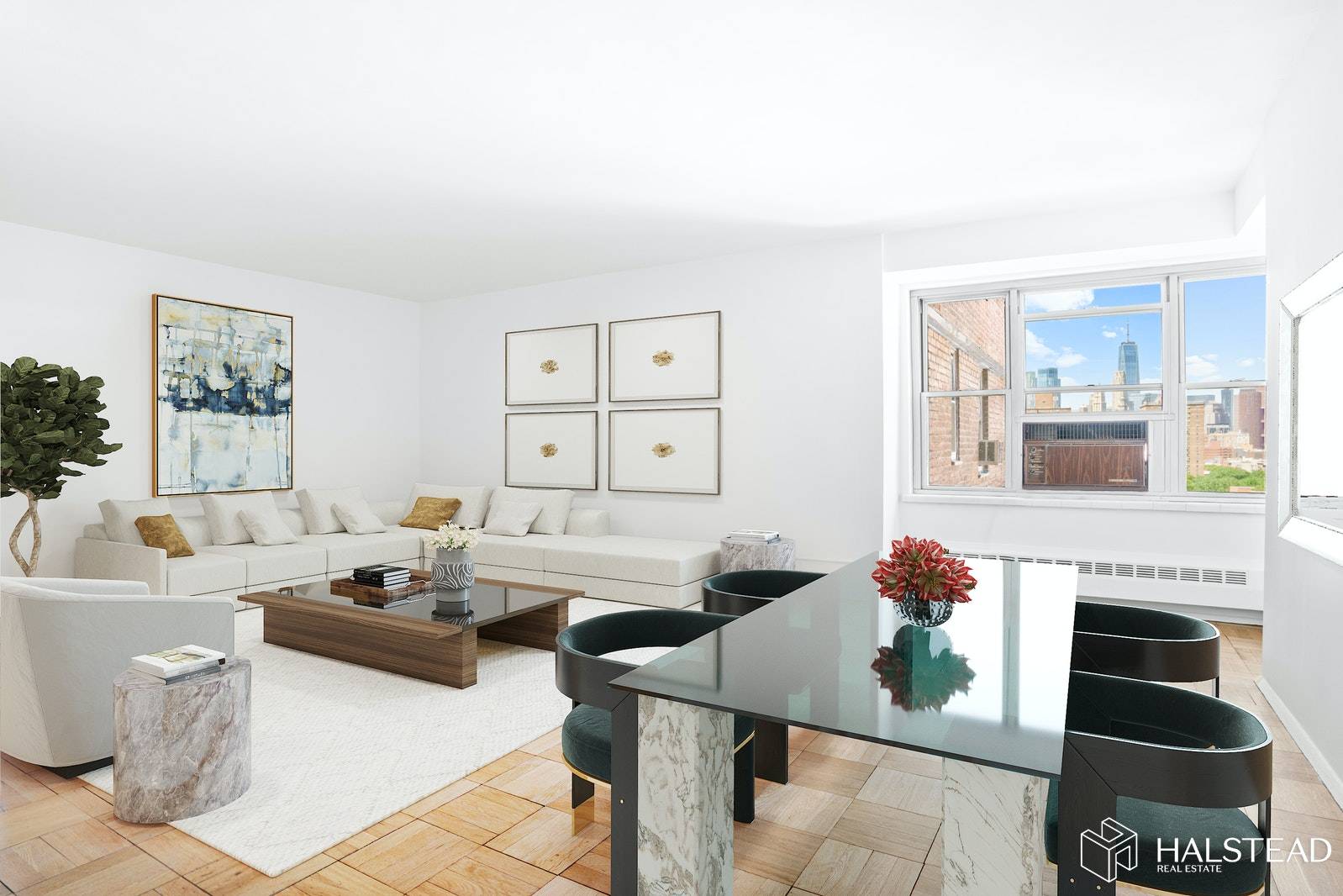 High floor two bedroom with extra large living room and windowed eat in kitchen.