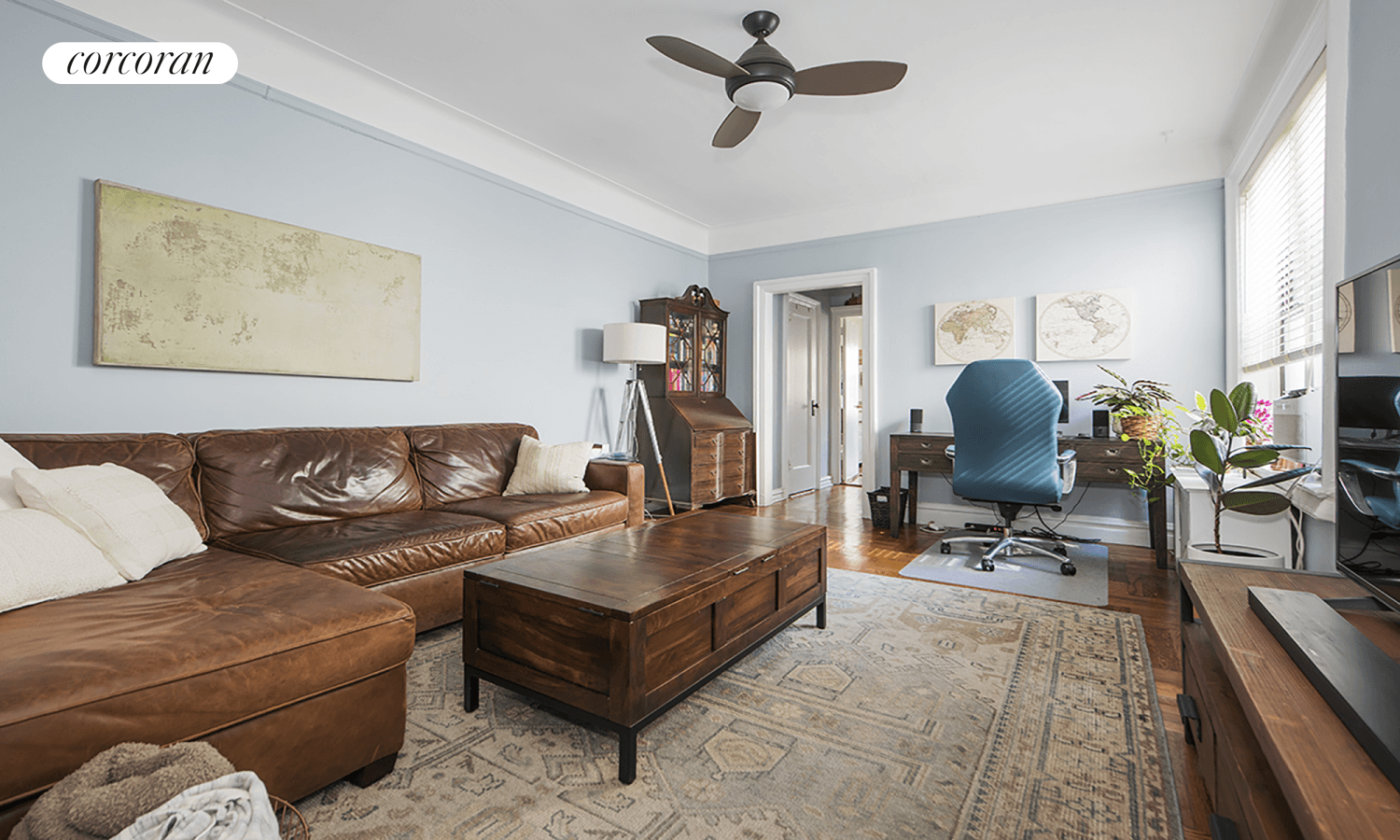 Perched on the top floor of an elegant six story pre war elevator building, this sun drenched spacious one bedroom boasts high ceilings, original prewar details and beautiful restored solid ...