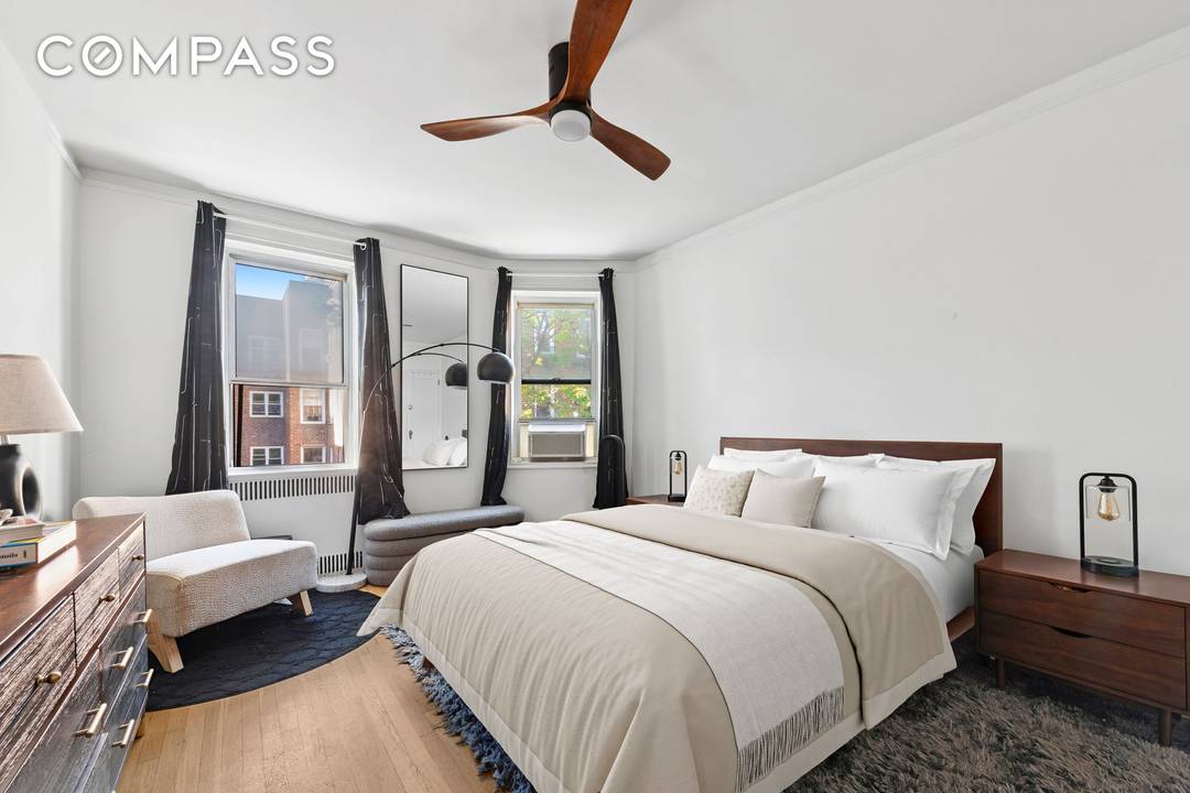 Move in ready, flexible two bedroom layout in a rare, amenity rich co op building in Windsor Terrace.