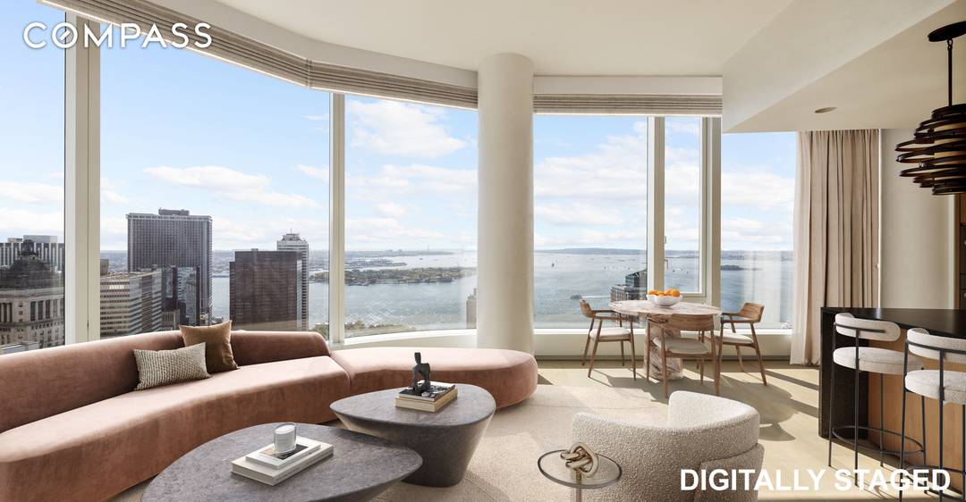 Majestic water views unfold at your feet in this unparalleled two bedroom, two and a half bathroom showplace perched high on the 45th floor at 50 West, an exemplary full ...