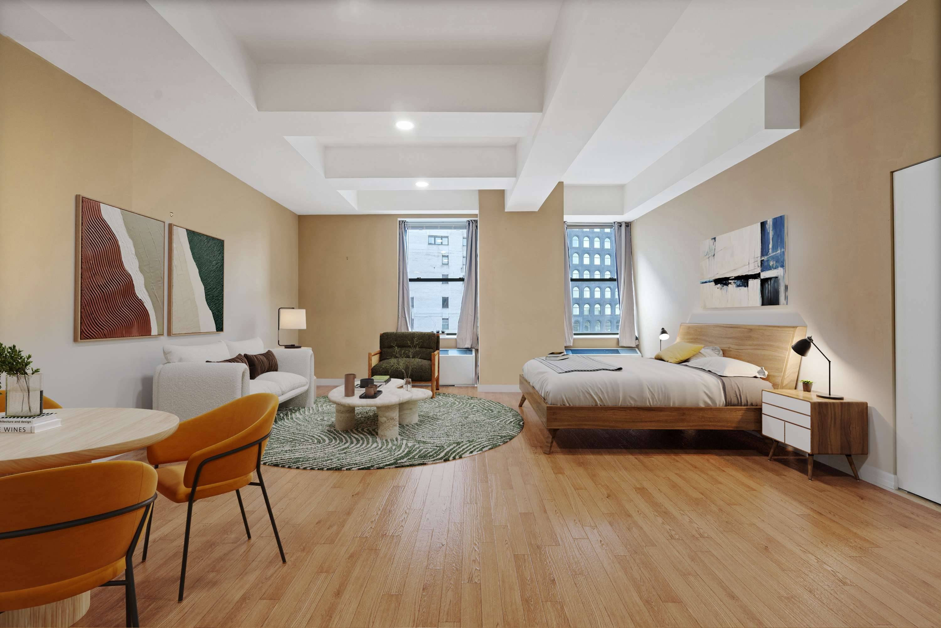 This rare 708 square foot loft delivers striking northwest exposures framing iconic views of the Woolworth Building and New York by Gehry offering a dreamlike escape high above the city.