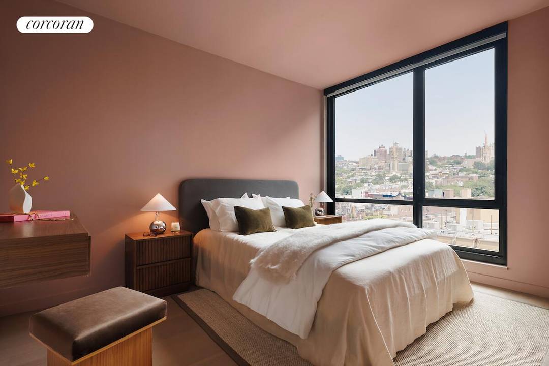 Western Facing Designer one bedroom with Lower Manhattan, Downtown Brooklyn and NY Harbor Views and a private balcony.