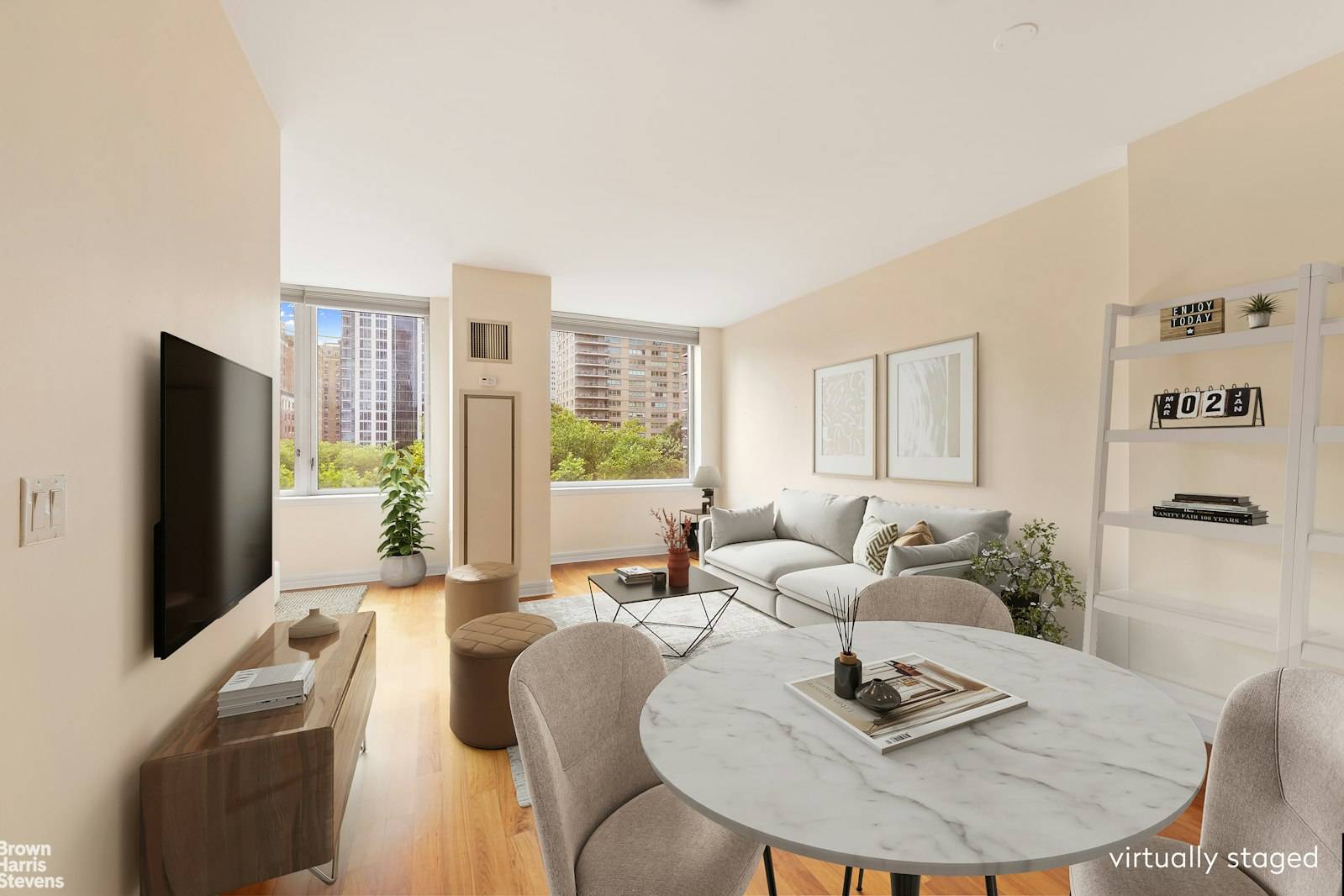This bright and generously sized east facing alcove studio offers abundant natural light and open city views through oversized windows.