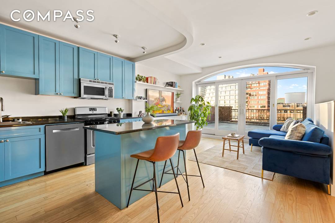 A two bedroom, one bathroom Park Slope condo with two private outdoor spaces including a sprawling terrace off the living room with jaw dropping city views and a balcony off ...