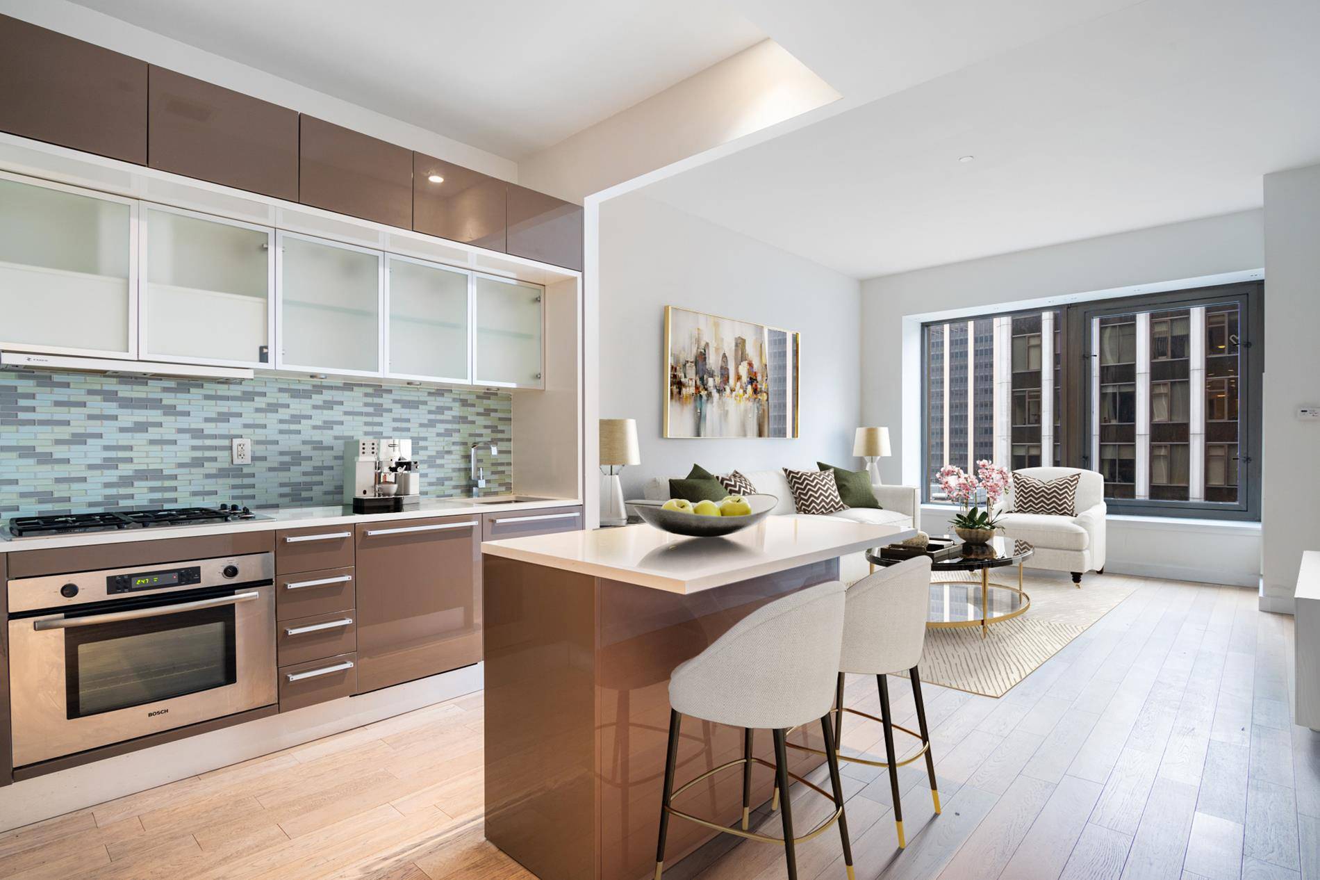 Oversized alcove studio on the 24th floor with south western exposures, and large windows.