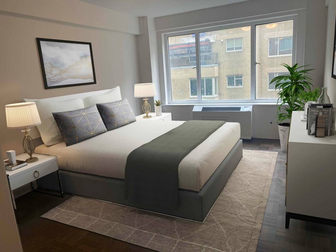 Pristine 2 bedroom two bathroom layout overlooking MOMA like gardens from extra large windows.