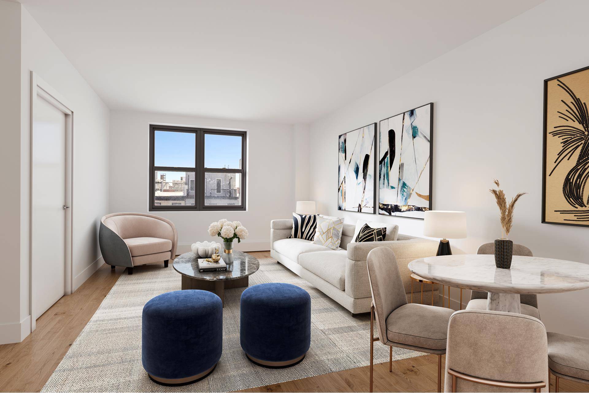 Residence 3D is a spacious 1 bedroom and home office apartment with large windows, ample closet space and chevron wood flooring throughout !