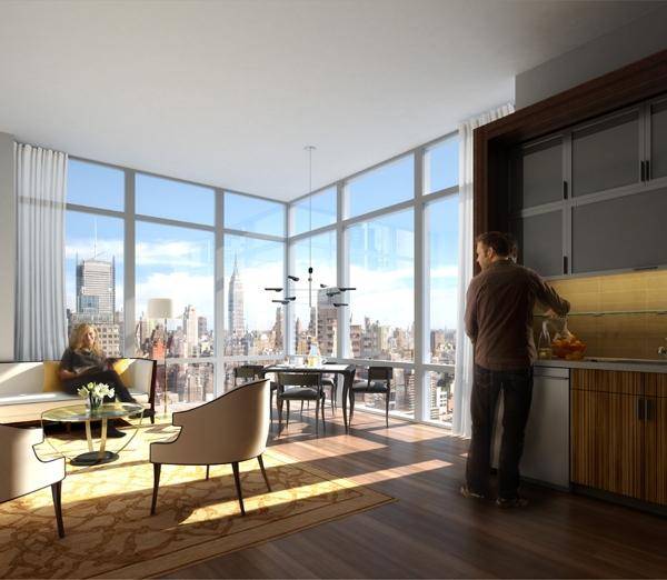 Midtown West 1 Bedroom with Entrance Foyer, Washer/Dryer, Manhattan and Hudson River Views. 1 Month Free and No Broker Fee.