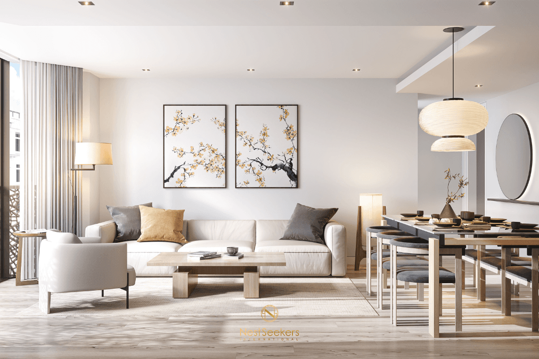 W1 Place London 2 bedroom open plan living room floor to ceiling bay windows oak floors KNX smart home