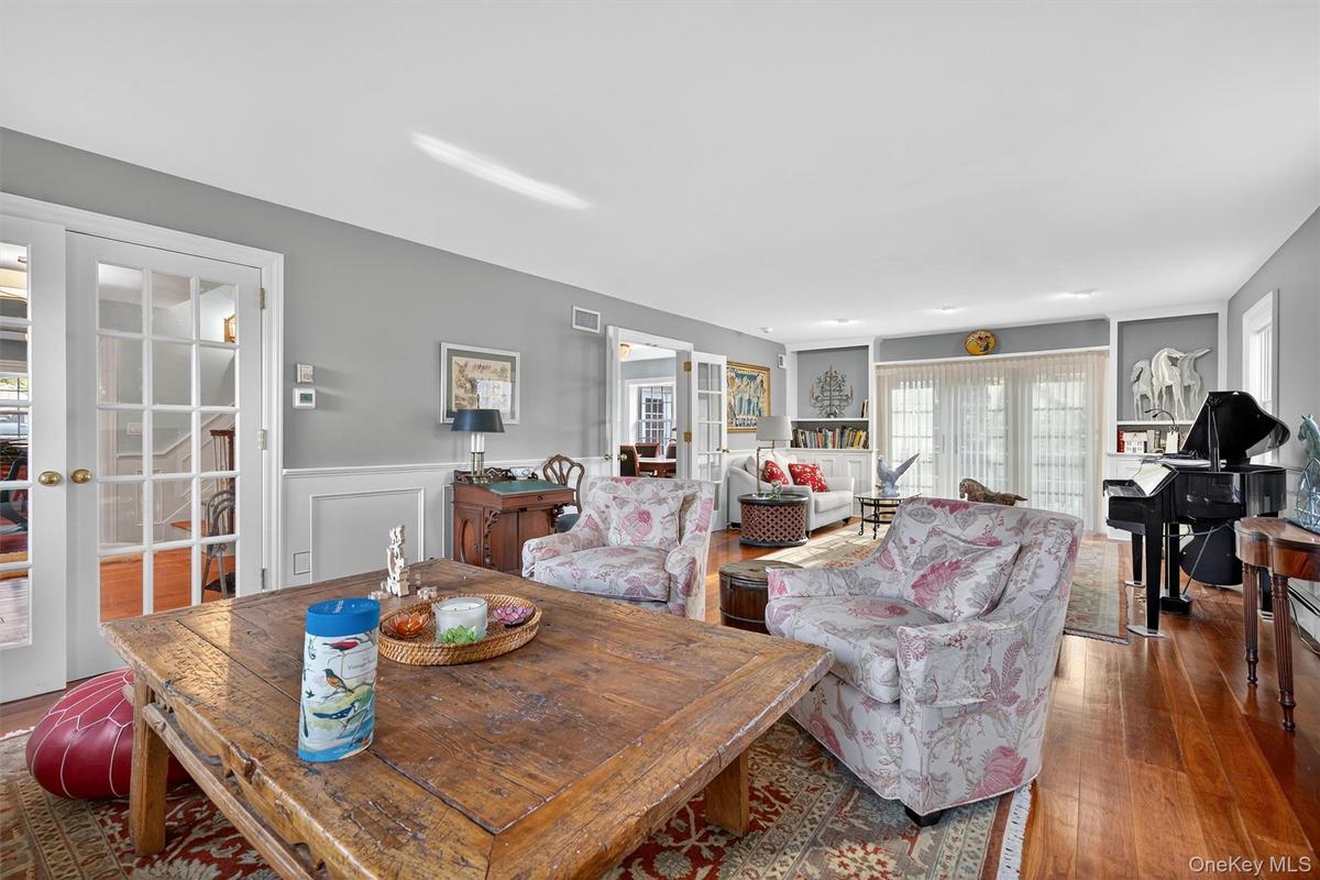 Dining space with french doors, hardwood / wood-style flooring, and wainscoting