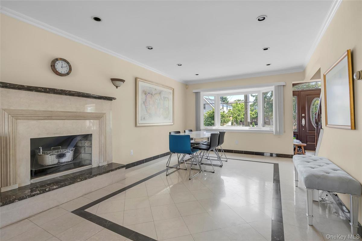 Fireplace and large bay window in the kitchen