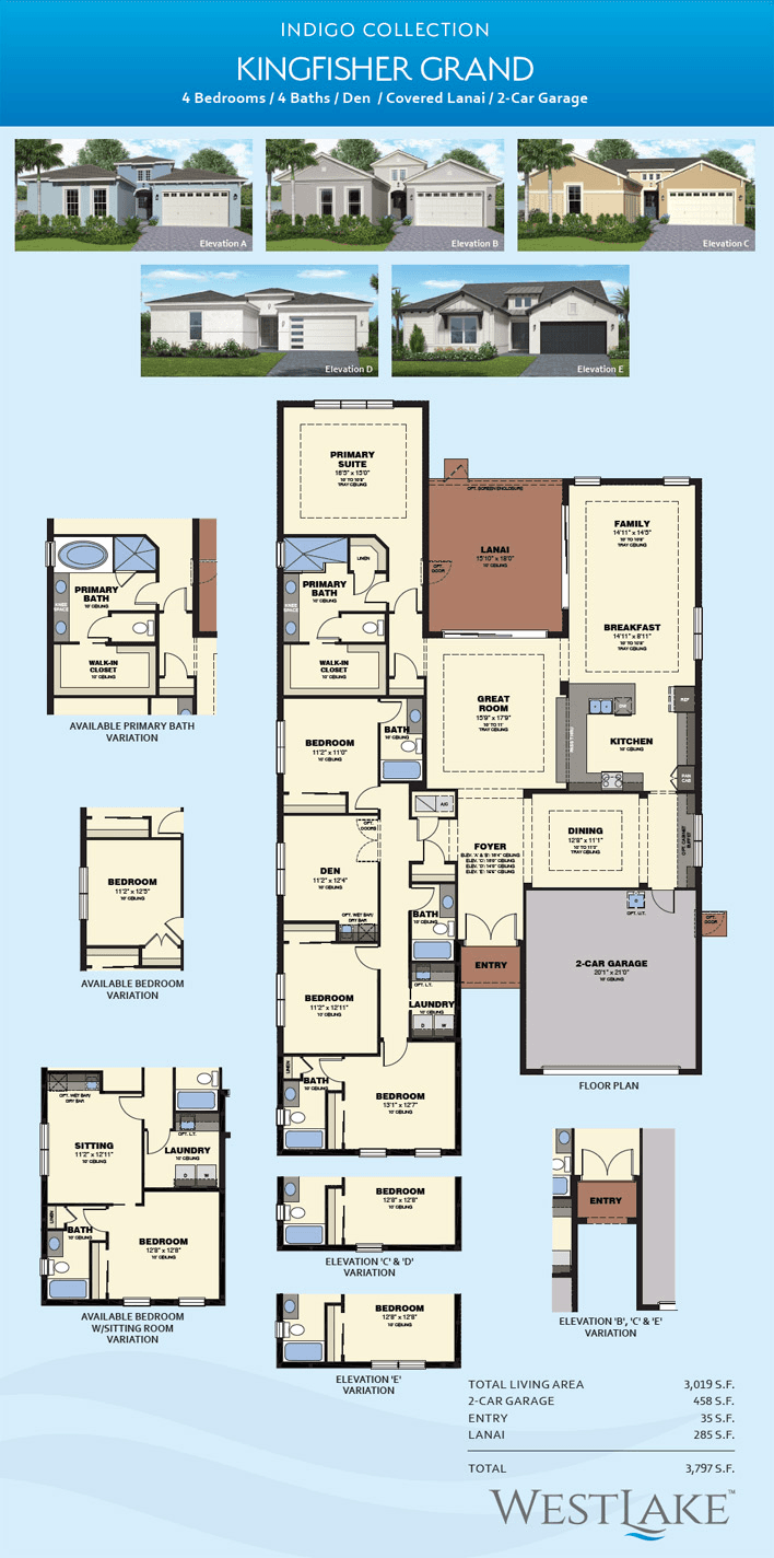 Kingfisher Grand Model Home Floor Plan w/ "Available Bedroom w/ Sitting Room Variation" Option.