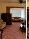 Living area featuring  a bay window with blinds and sheer curtains, and a ceiling fan with integrated lighting