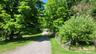 Gravel driveway framed by mature trees, expansive green lawn, and a rustic wooden fence