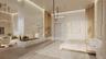 A private lower-level primary retreat anchored by a sculptural double-sided fireplace and bespoke wall paneling. The suite extends seamlessly to an ou