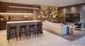 Bar featuring modern cabinets, hanging light fixtures, recessed lighting, and dark brown cabinets