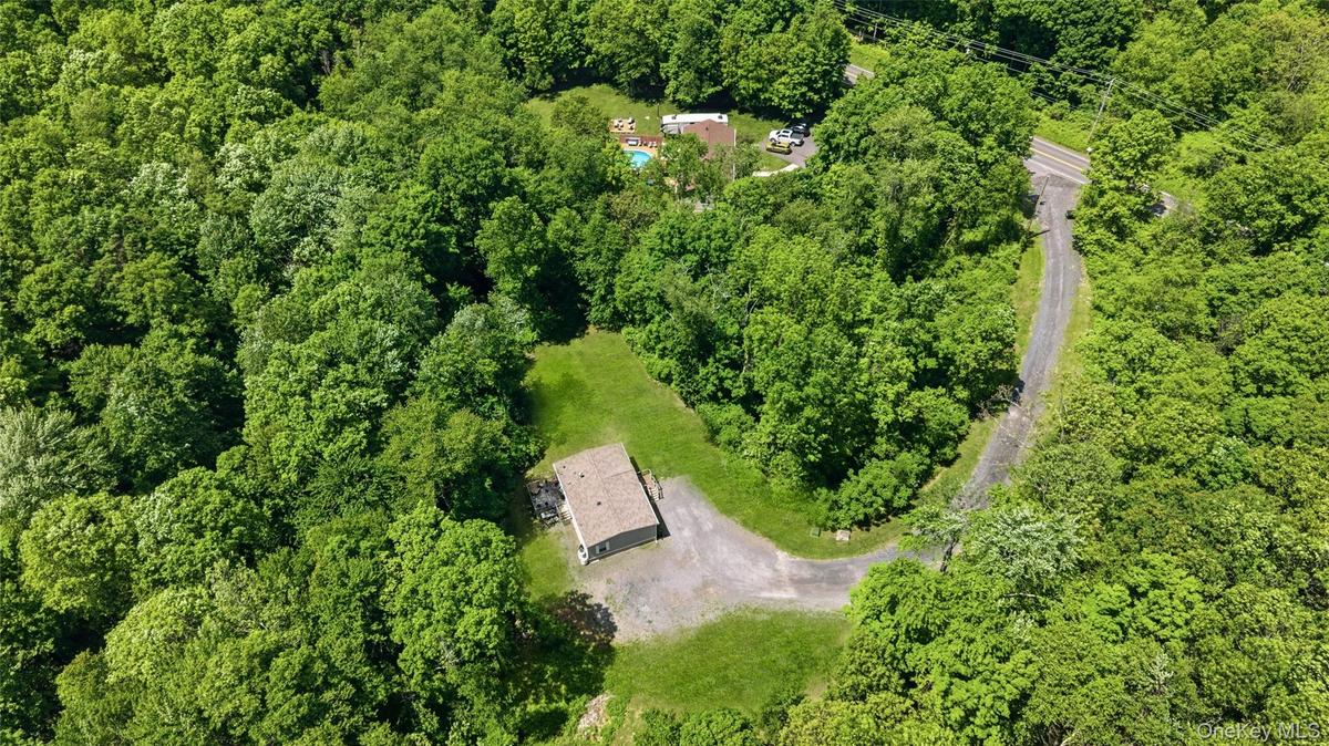 Expansive wooded grounds featuring a detached structure, gravel driveway, and a partially visible swimming pool