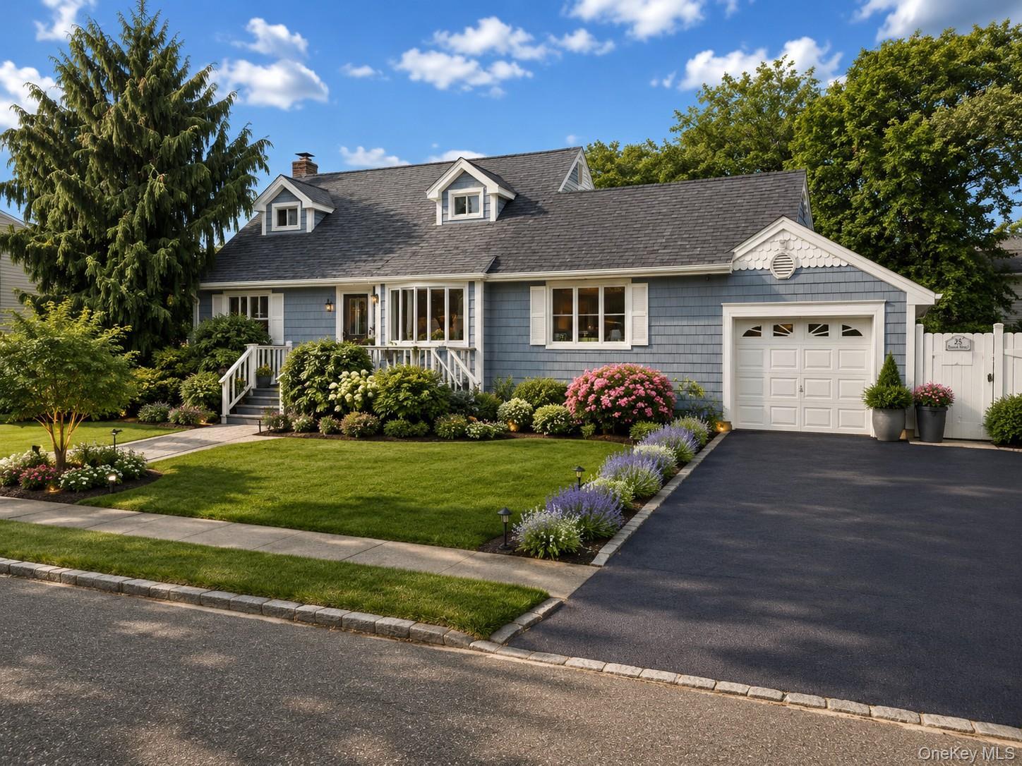 Cape Cod-style residence featuring light blue siding and a dark gray shingle roofDigitally enhanced photo showing landscape options