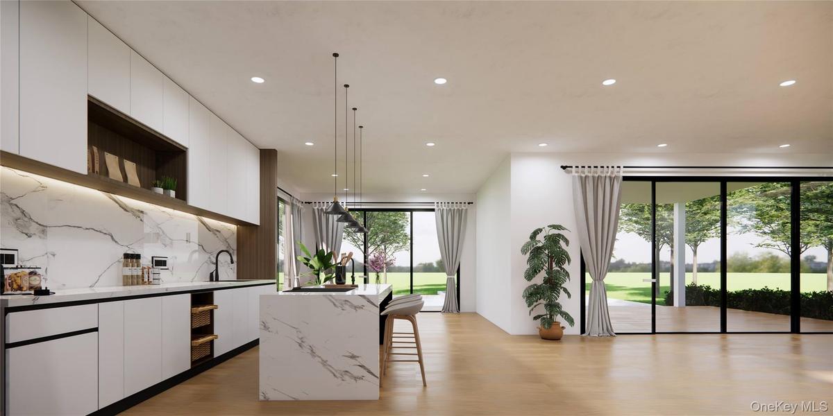 Kitchen featuring modern cabinets, white cabinetry, a sink, recessed lighting, and open shelves