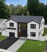 Contemporary two-story residence featuring a white vertical siding facade with dark trim accents