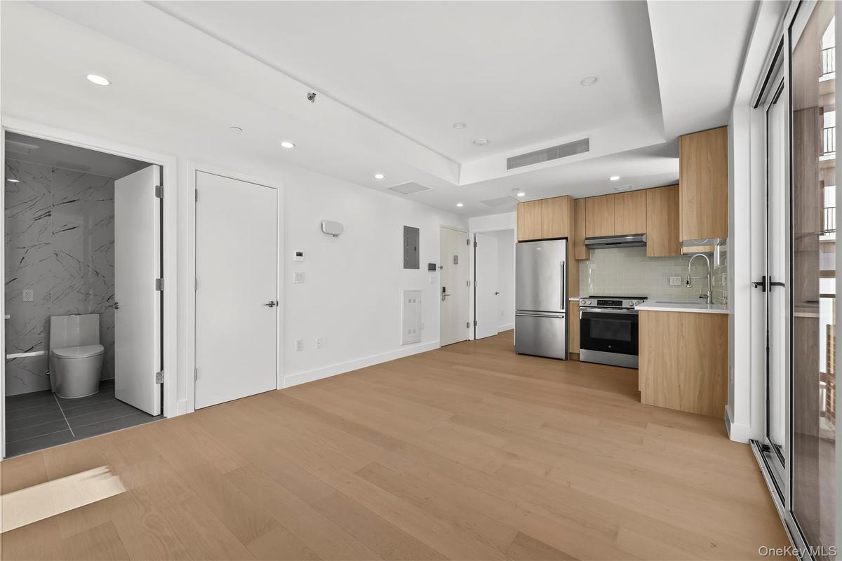 Kitchen with modern cabinets, appliances with stainless steel finishes, recessed lighting, light wood-type flooring, and open floor plan