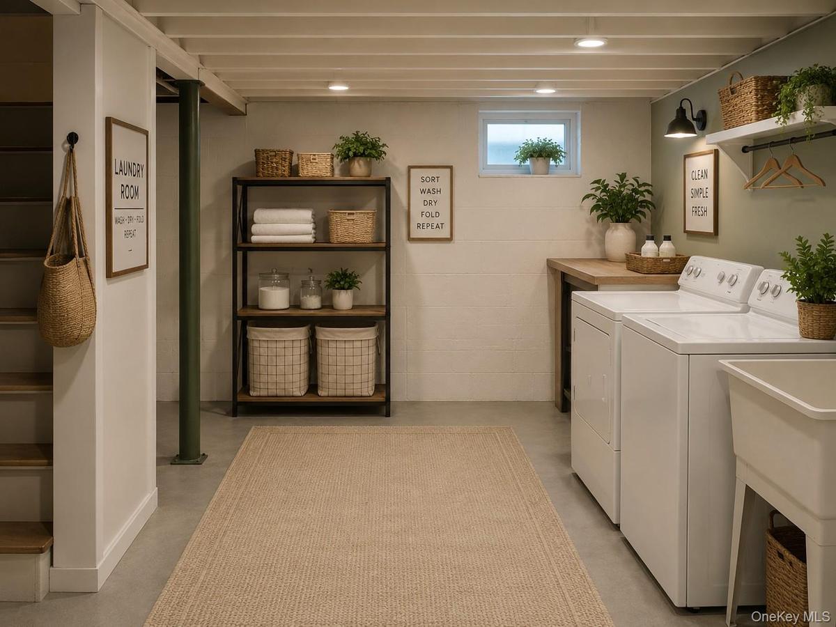 Unfinished basement featuring concrete flooring, exposed ceiling joists, washer and dryer, and a utility area with water heater and furnaceDigitally s