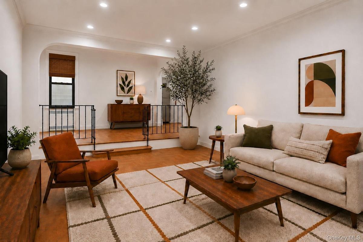 Virtually staged living room and dining foyer